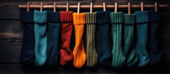 Different colored woolen socks and a wintery ambiance - obrazy, fototapety, plakaty