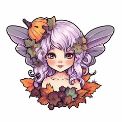 AI generated illustration of a fall fairy with a unique headpiece of autumn-colored leaves