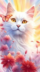 AI generated illustration of a white cat in glowing field of flowers and butterflies