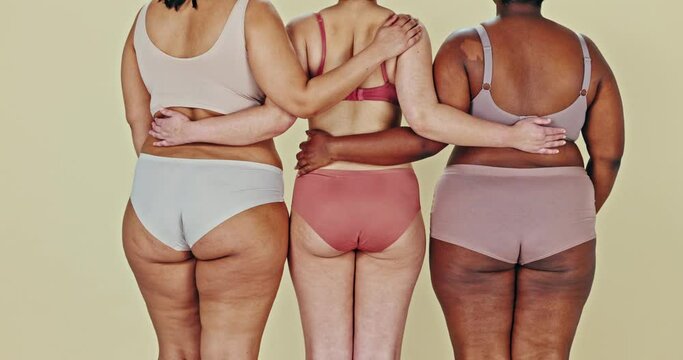 Body positive, underwear or back of women hug, solidarity and fashion for natural beauty, acceptance or inclusion. Woman empowerment embrace, friends group or lingerie shape size on studio background