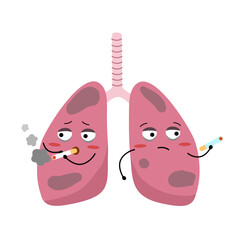 Sick lungs with harmful cigarettes smoke funny cartoon character in flat design on white background.