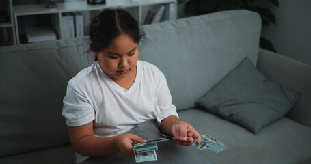 Portrait of young Asian woman enjoy counting cash dollars banknotes on sofa in the living room at home.