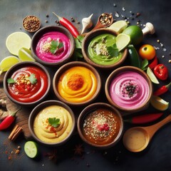 An assortment of colorful dips in bowls on a black background
