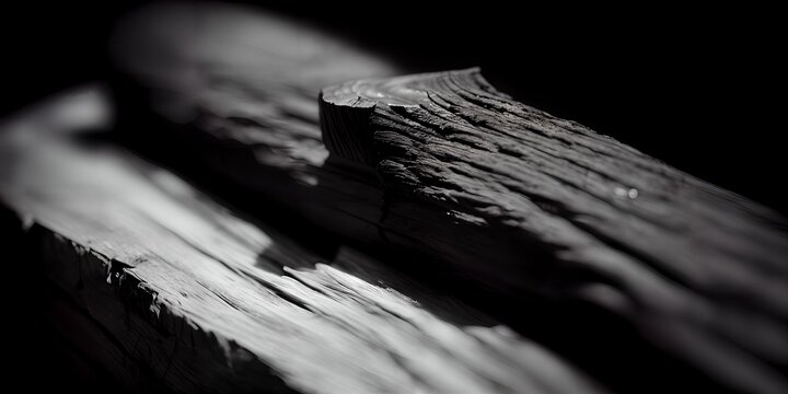 Closeup pieces of split wood on rocky texture surface - Product placement background, product banner, presentation background - Black and white/Grey tone/Greyscale - AI-Generated