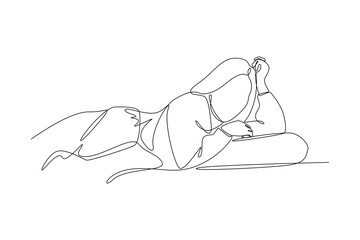 One continuous line drawing of Happy people lying with pillows. Deep dream and bedtime concept. Doodle vector illustration in simple linear style.