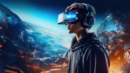 3D illustration of a kid wearing Virtual Reality googles, blue background. - obrazy, fototapety, plakaty