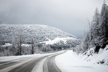 Fototapeta premium Photo of winter road during the snowfall in Magadan, Russia. Snow showers on trees and hills. Fog and haze, low visibility due to snowstorm. Extreme weather conditions. Car approaching in the distance