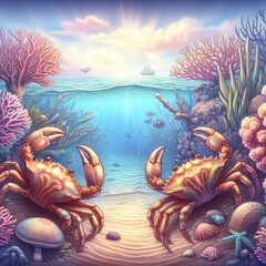 An underwater scene with two crabs and various coral and sea plants - obrazy, fototapety, plakaty