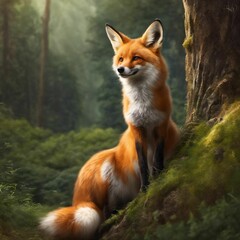 a red fox in the woods sitting on the ground with grass