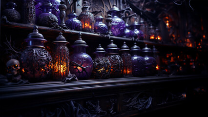 shelves filled with purple Halloween potions in witch apothecary jars