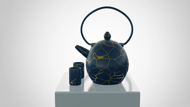 3D animation of a kintsugi teapot. teapot that has been repaired using the Japanese art of kintsugi. 