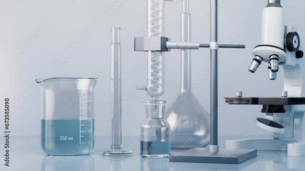 Poster glassware and microscope in the laboratory, 3d rendering.