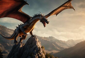 AI generated illustration of A large dragon on a rocky outcrop - obrazy, fototapety, plakaty