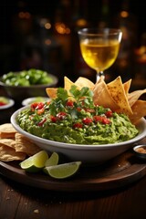 Vibrant bowl of freshly made guacamole with tortilla chips, Generative AI