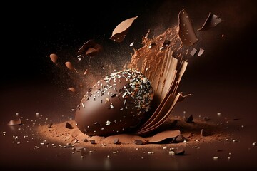 AI generated illustration of a chocolate egg splashed with white and brown chocolate cracks