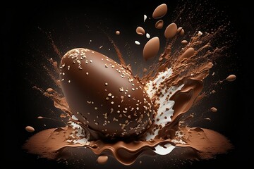 AI generated illustration of a chocolate egg splashed with white and brown chocolate cracks - obrazy, fototapety, plakaty