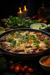 Close-up of a steaming bowl of pozole, a traditional Mexican soup, Generative AI