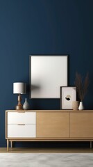 AI generated illustration of a modern room with two lamps placed on a sideboard against a blue wall