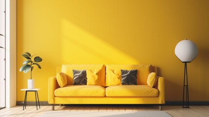 AI generated illustration of a modern living room with a yellow sofa and a standing lamp beside it - obrazy, fototapety, plakaty