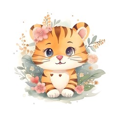 AI generated illustration of a cute tiger adorned with flowers on the white background