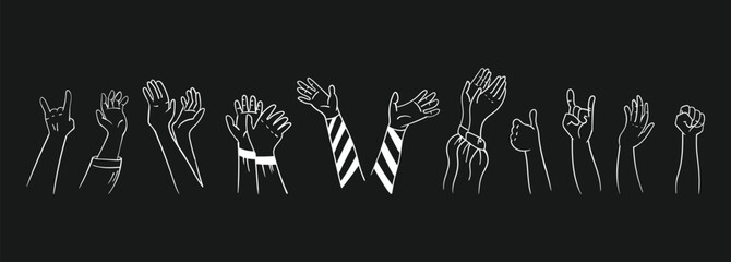 Vector hand drawn sketch style illustration greeting & waving isolated on black background. Crowd, party, sale concept. For advertising, packaging. - obrazy, fototapety, plakaty