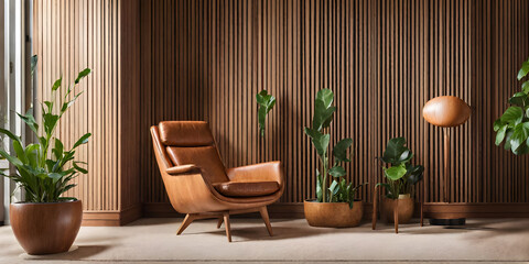 Lounge chair near wood paneling wall between potted houseplants. modern living room.