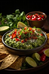 Vibrant bowl of freshly made guacamole with tortilla chips, Generative AI