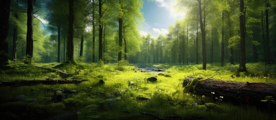 A sunny day illuminates a clearing nestled within the forest - obrazy, fototapety, plakaty