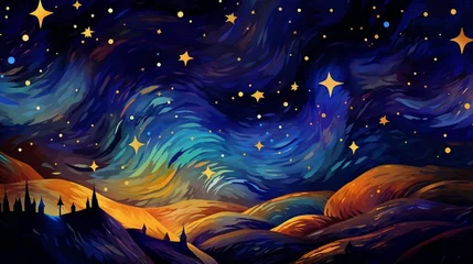 Foto op Canvas AI generated illustration of Christmas night sky with stars over hills © Wirestock