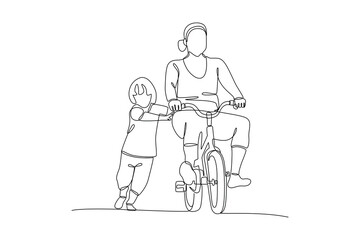 Continuous one line drawing Happy Parents with her child riding bike together. Outdoor leisure activities concept. Doodle vector illustration.