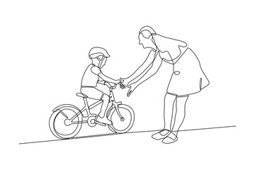 Continuous one line drawing Happy Parents with her child riding bike together. Outdoor leisure activities concept. Doodle vector illustration.