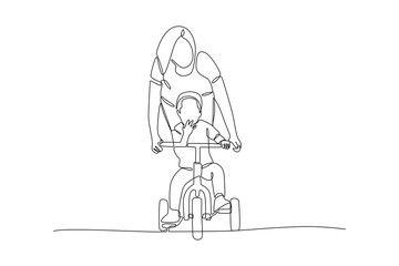 Continuous one line drawing Happy Parents with her child riding bike together. Outdoor leisure activities concept. Doodle vector illustration.