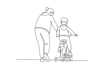 Fototapeta na wymiar Continuous one line drawing Happy Parents with her child riding bike together. Outdoor leisure activities concept. Doodle vector illustration.