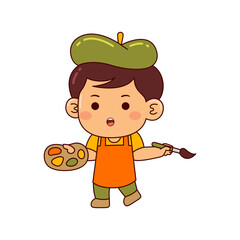 cute artist boy cartoon character vector illustration