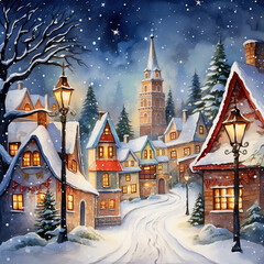 Watercolor Snowy Village
