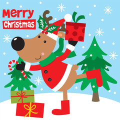 Cute Reindeer bring Presents and Christmas Tree