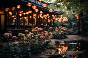 Beautiful summer garden illuminated by colorful lanterns during a lantern festival, Generative AI