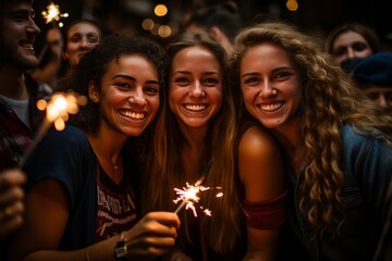 Obraz na płótnie Canvas Group of friends celebrating with sparklers at a Fourth of July festival, Generative AI