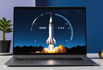 A laptop screen displaying a live countdown, with a rocket emerging from the screen