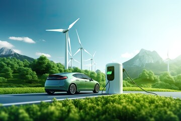 EV car and electronic charger, Eco and green energy power. Pure Electric. Generative AI