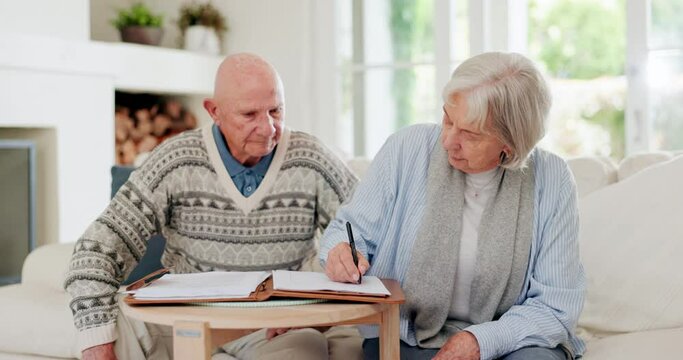 Senior couple, sign documents and agreement, contract and paperwork or insurance. Elderly people, investment and form questions on application for retirement, planning and future on couch by home