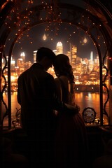 Couple sharing a romantic moment on a ferris wheel with the city skyline in the background, Generative AI