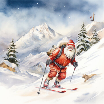 Snowy Santa Claus Skiing
