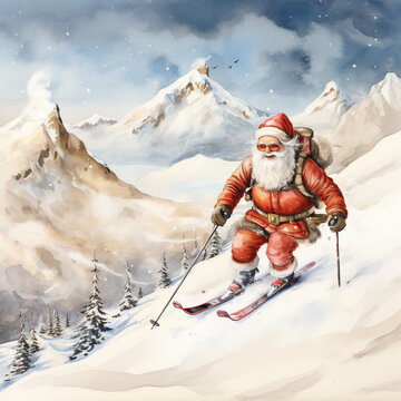 Snowy Santa Claus Skiing