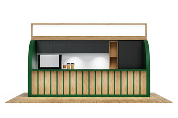 Mini coffee shop cafe booth kiosk with counter coffee machine, refrigerator and menu board, green and wood, 3D rendering.