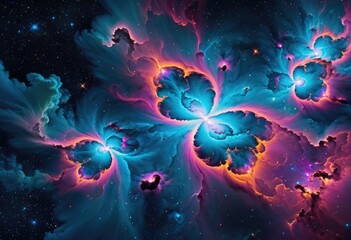 A scene depicting a nebula, with clouds formed from swirling, glowing neon fractals