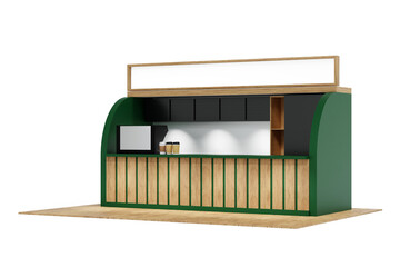 Mini coffee shop cafe booth kiosk with counter coffee machine, refrigerator and menu board, green and wood, 3D rendering. - 673588417