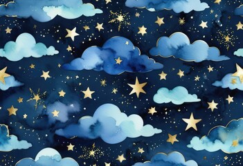 A seamless pattern of a dark blue watercolor night sky scattered with gold foil stars, constellations, and soft, billowing clouds