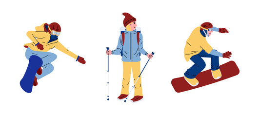 female hiker character hiking with winter suits and men snowboarding character for element and sticker decoration on social media design. winter activity concept