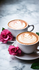 Fototapeta na wymiar White cup of tasty cappuccino with latte art on white marble table background with pink roses